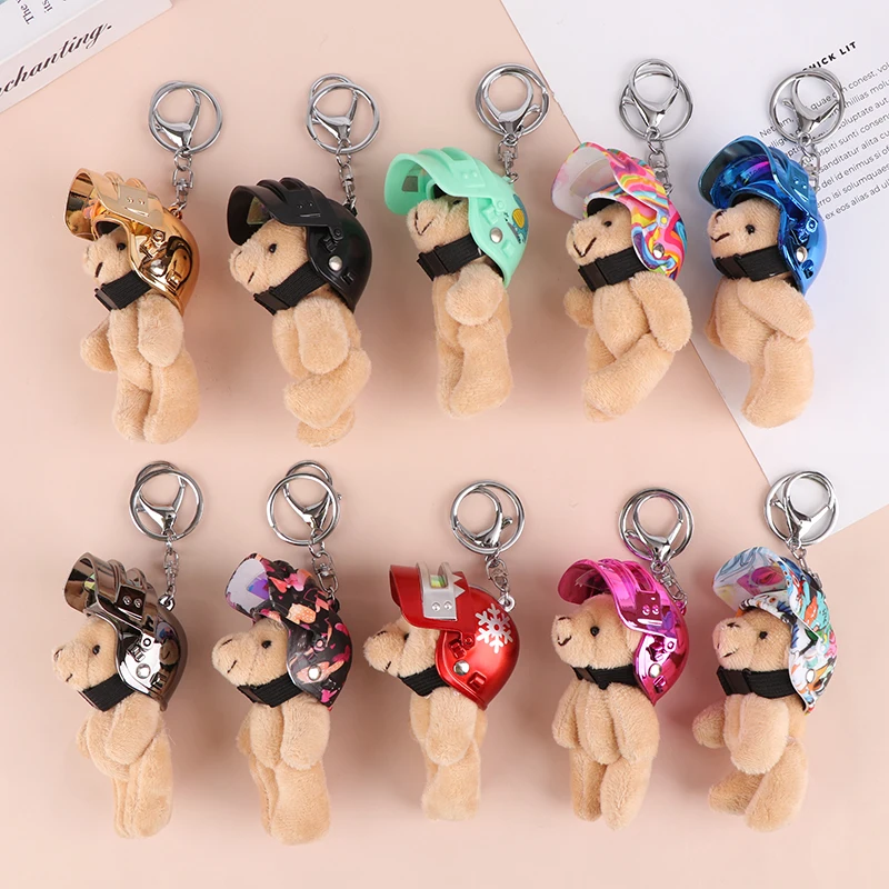 Lovely Helmeted Bear Plush Keychain Creative Cartoon Safety Helmet Bear Keyring Backpack Charm Bag Pendant Couple Gifts