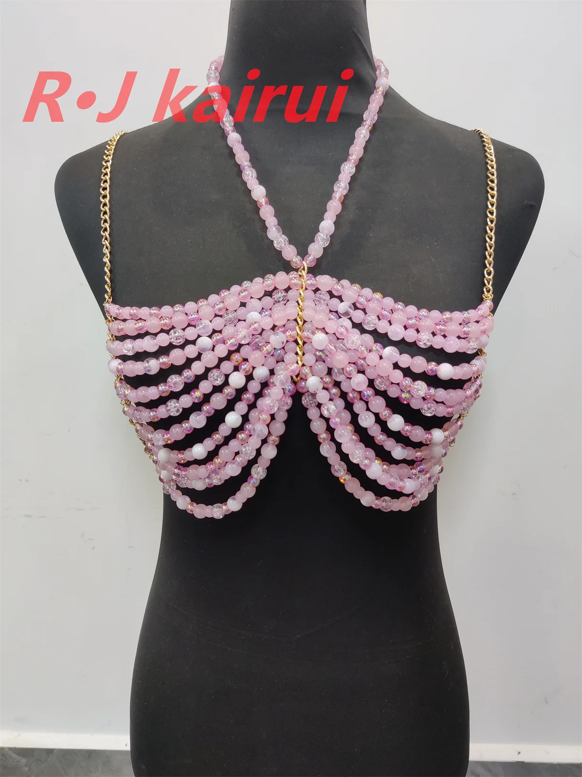 RJ Fashion Sexy Metal Acrylic Neck Body Chain Pastel Pink Beads Halter Dress Masquerade Stage Party Jewelry Accessories