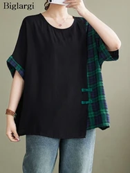 Oversized Summer T-Shirts Tops Women Plaid Print Patchwork Irregular Fashion Ladies Blouses Casual Loose Pleated Woman Tops