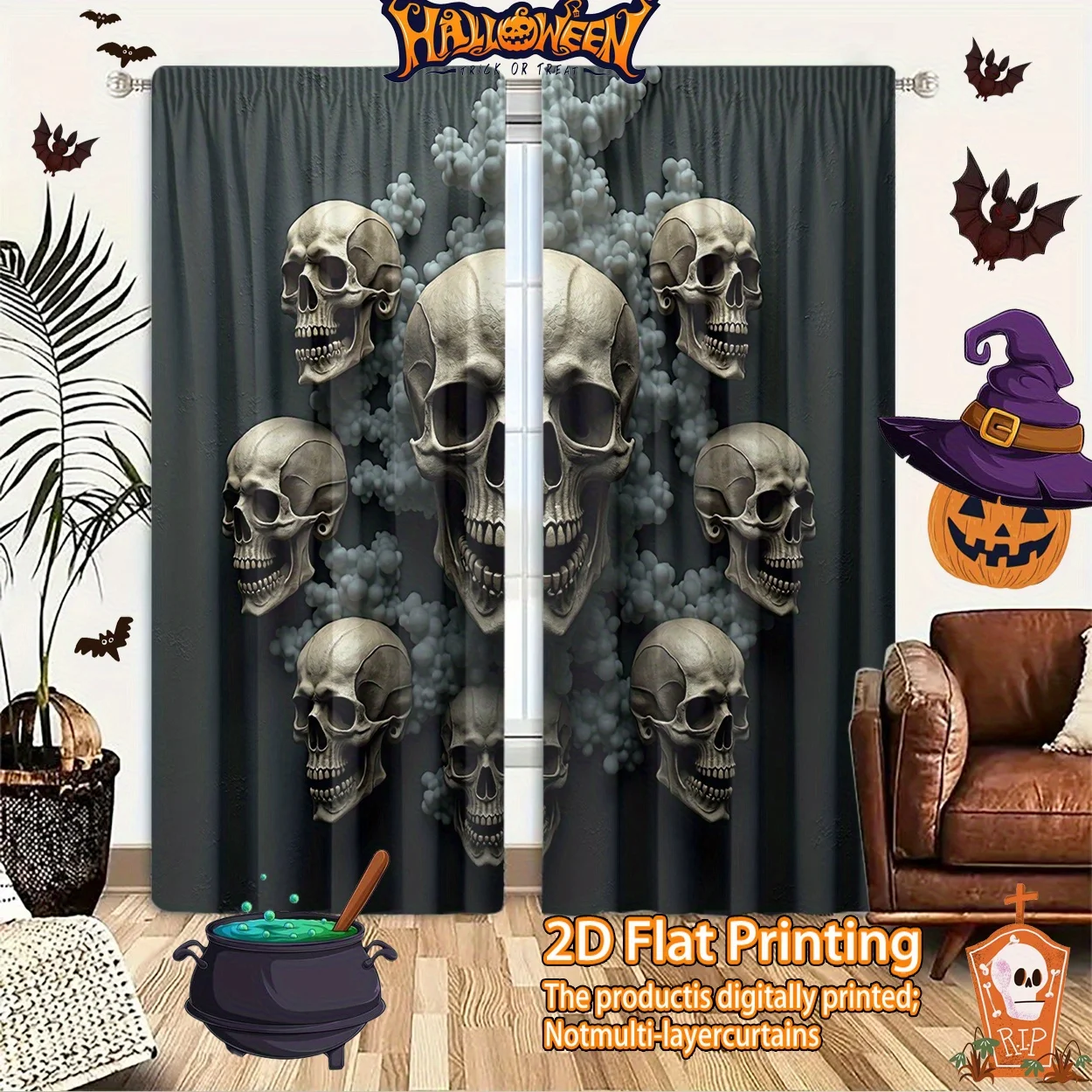 Spooky Halloween Skull Window Curtain 2 Panels, Stacked Grey Skull Smoke Bubble Print Soft Dark Gray Tone Bedroom Decor Curtain