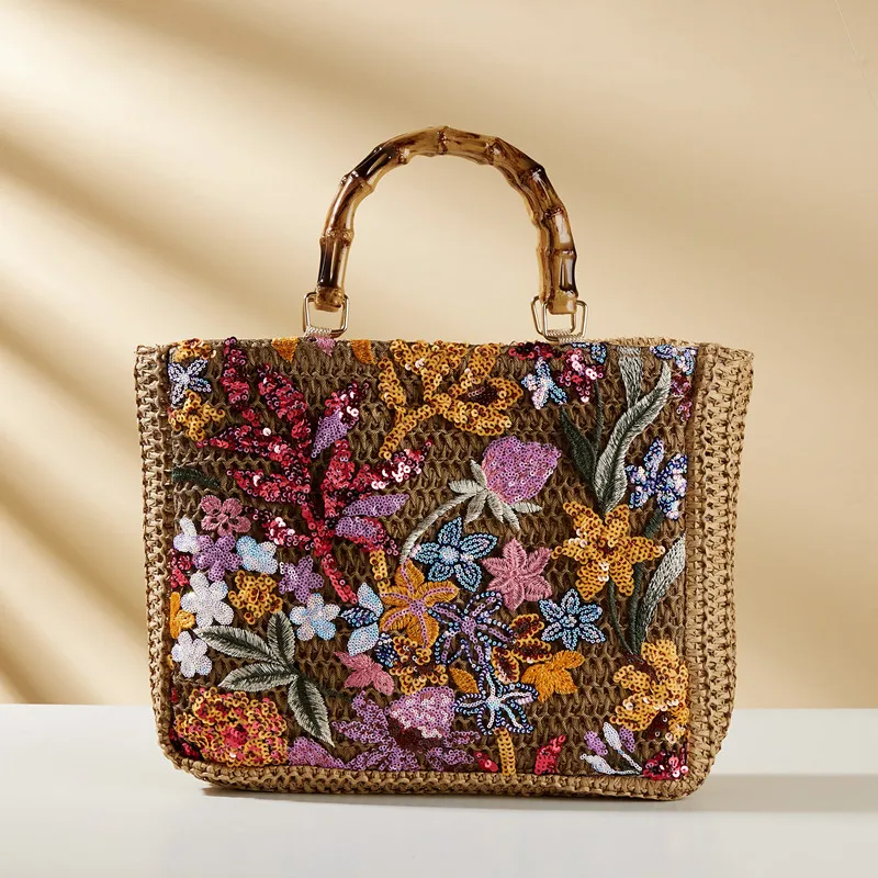 2025 Luxury Sequins Embroidery Large Tote Bags New Fashion Bamboo Handle Women Handags Lady Woven Straw Flower Summer Beach Bag