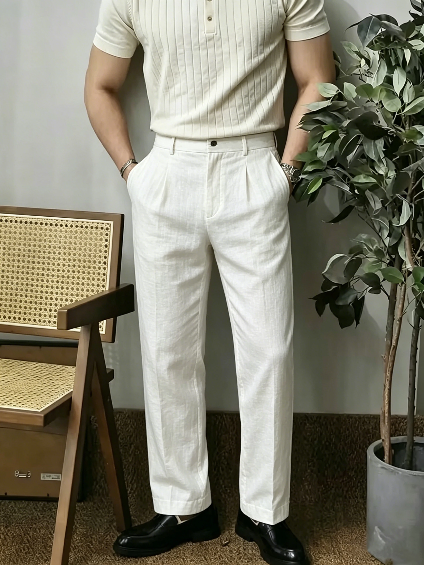 Men's Summer Draped Linen Straight Leg Casual Pants, Korean Minimalist Relaxed Leisure Style, Skin-friendly Breathable Natural L