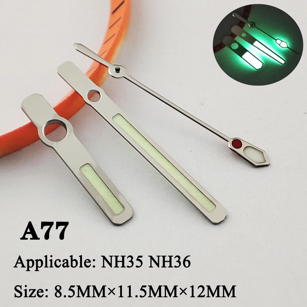 Aiguilles de boîtier de montre avec pointeur, cadran lumineux vert, pièces de montre, A9, NH35, NH36