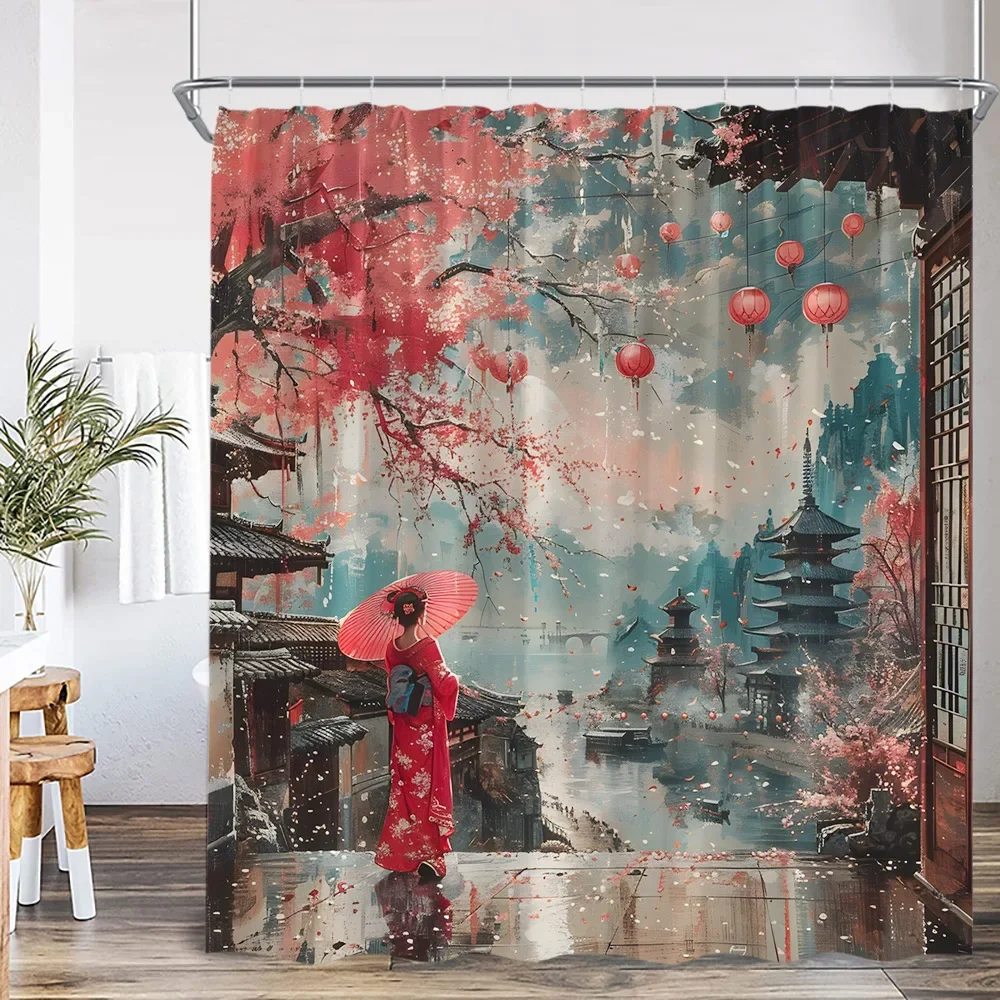 Samurai Geisha Japanese Style Ink Painting Shower Curtain Japan Shrine Red Sun Mountain River Pink Cherry Blossom Bath Curtain