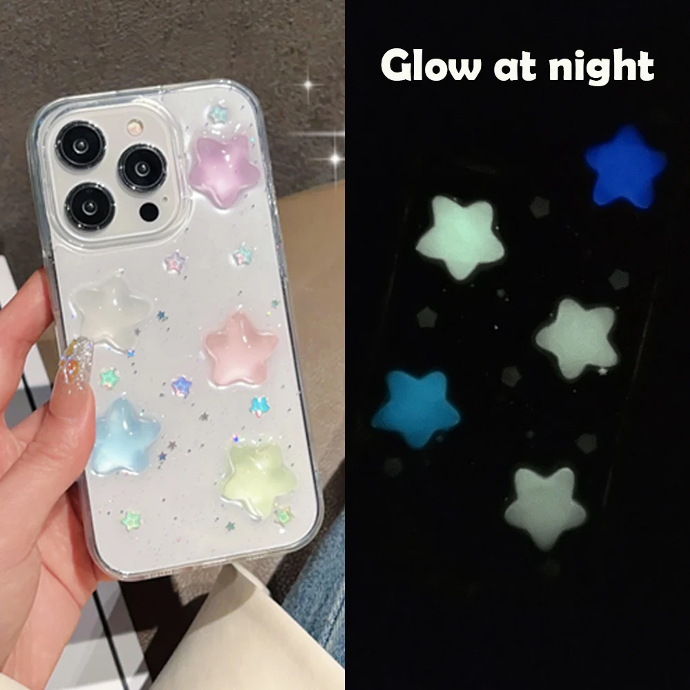 Super Cute Glow in dark Case for iPhone 15 14 13 12 11 mini Pro Max Cases Shockproof Soft Cover Lovely 3D Star kawaii Coque