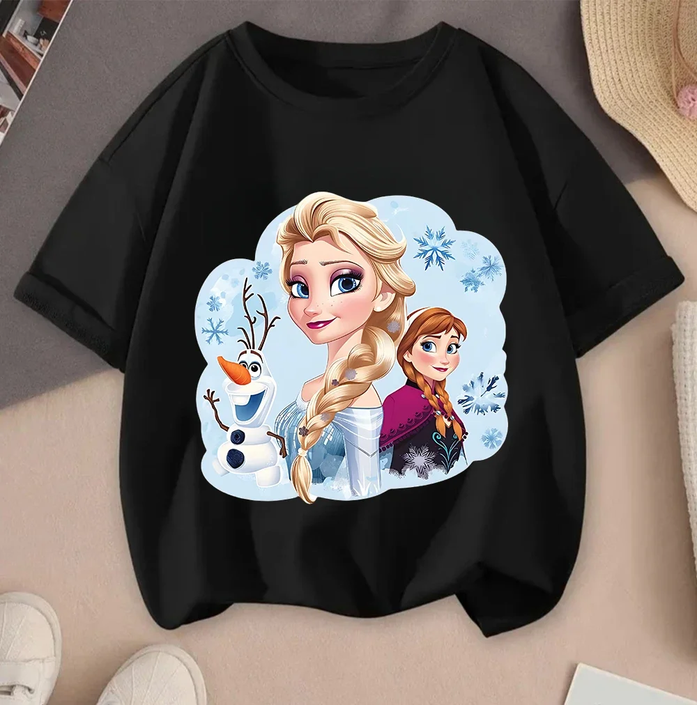 

Летняя футболка Kawaii Frozen, детская модная повседневная уличная одежда с круглым вырезом для мальчиков и девочек