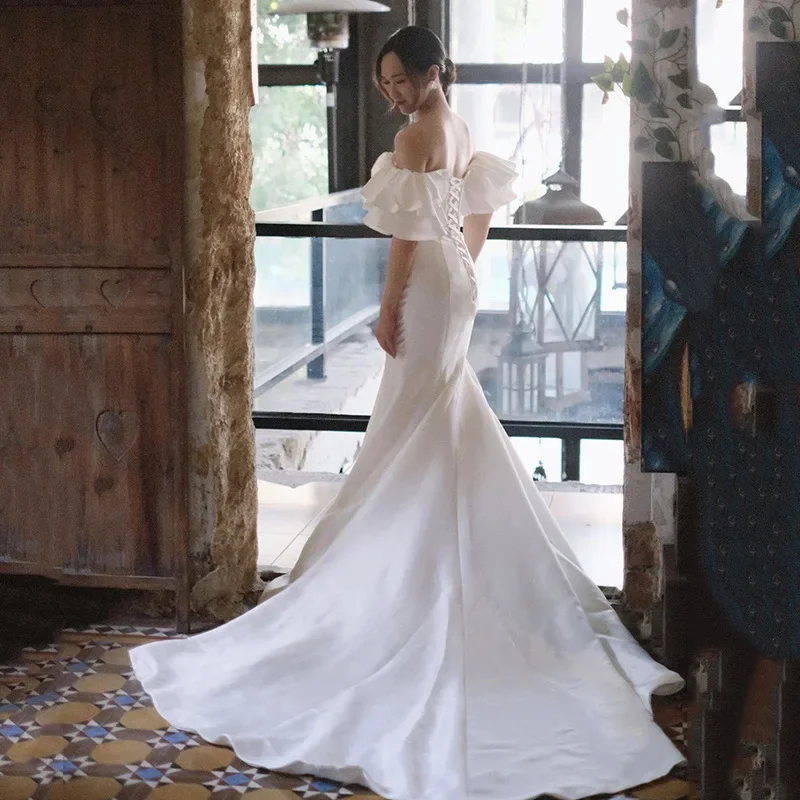 Sirena francesa Sexy fuera del hombro vestidos de novia de satén blanco para novia de gran tamaño de lujo vestidos largos de fiesta de graduación para mujer