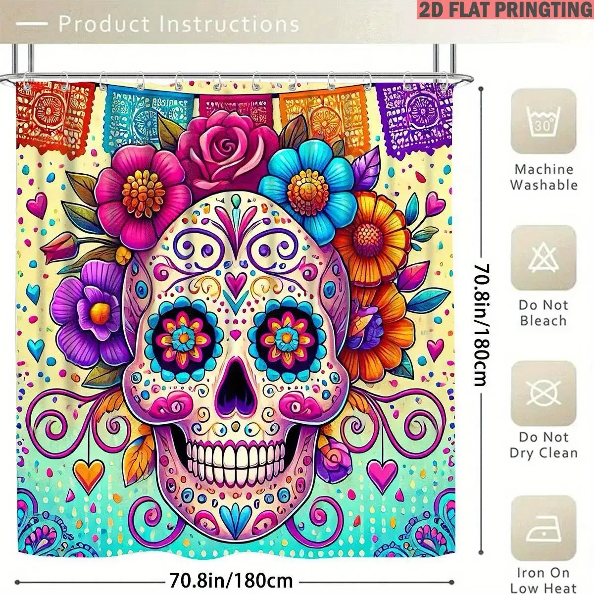 1pc/4pcs Shower Curtain and Bath Mat Set with print pattern Sugar Skull With Flowers And Hearts Pattern Non-Slip Bathroom Decor