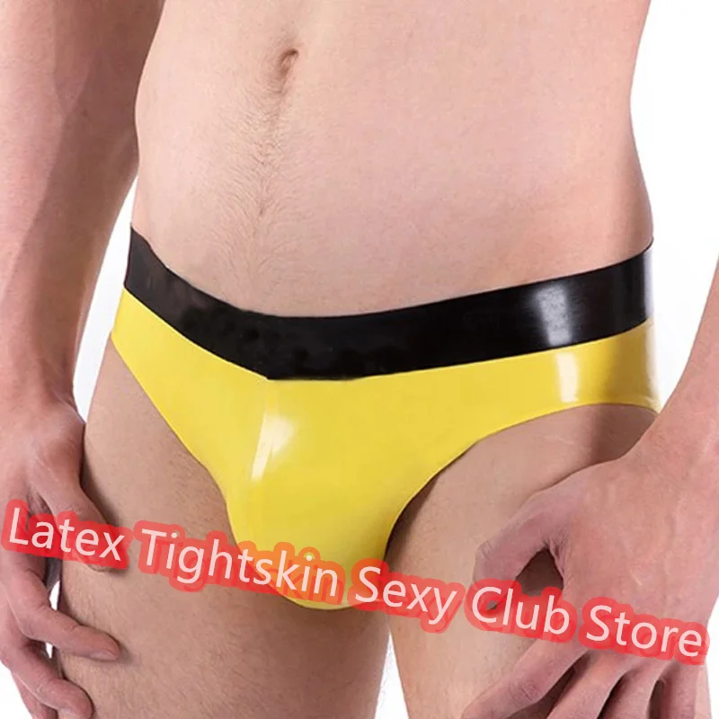 

Men Latex Panties Boxer Yellow with Black Sexy Fetish Shorts Handmade Underwear Club Wear for Men Cosplay Costumes