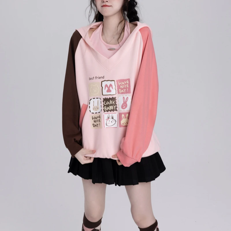 2024 Autumn New College Style Sweet and Cute Pink Gray Long-Sleeved Sweater Top For Girl