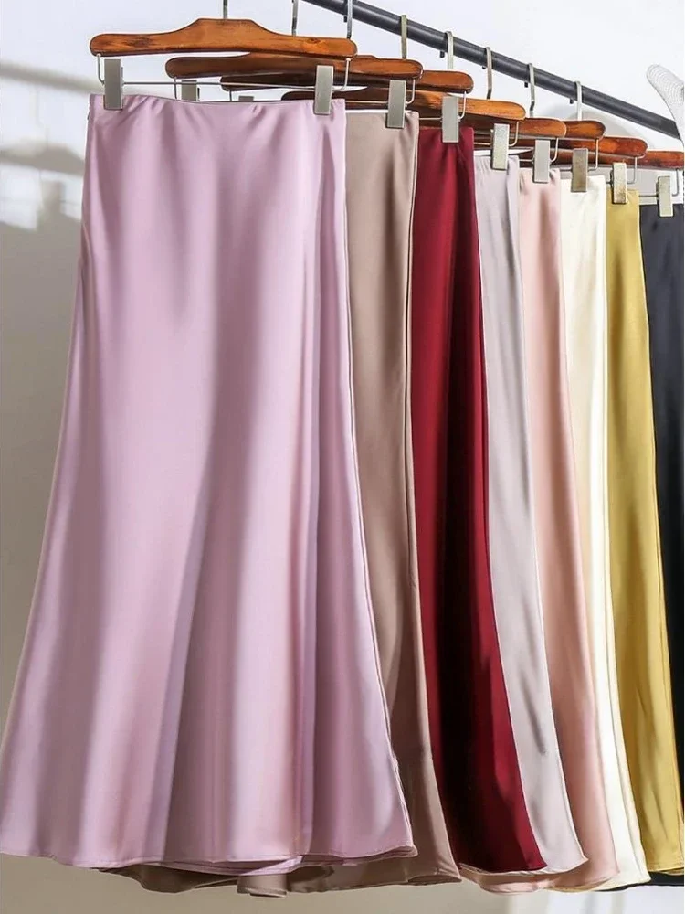 

Women's Long Skirt 2024 New Fashion Satin Skirt Office Lady Elastic Waist Solid Champagne Purple Red Silk A-LINE Skirt for Women