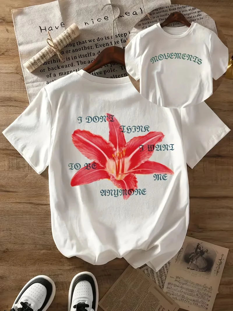 

Red Lily Quote Print T-shirt Crew Neck Short Sleeve Retro Artistic Flower Graphic Tee Ideal Summer Casual Daily Street Outfit