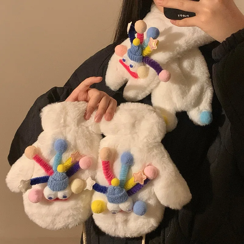

Cute funny clown plush plush velvet thickened warm and cold-proof gloves for students in winter soft and cute riding neck gloves