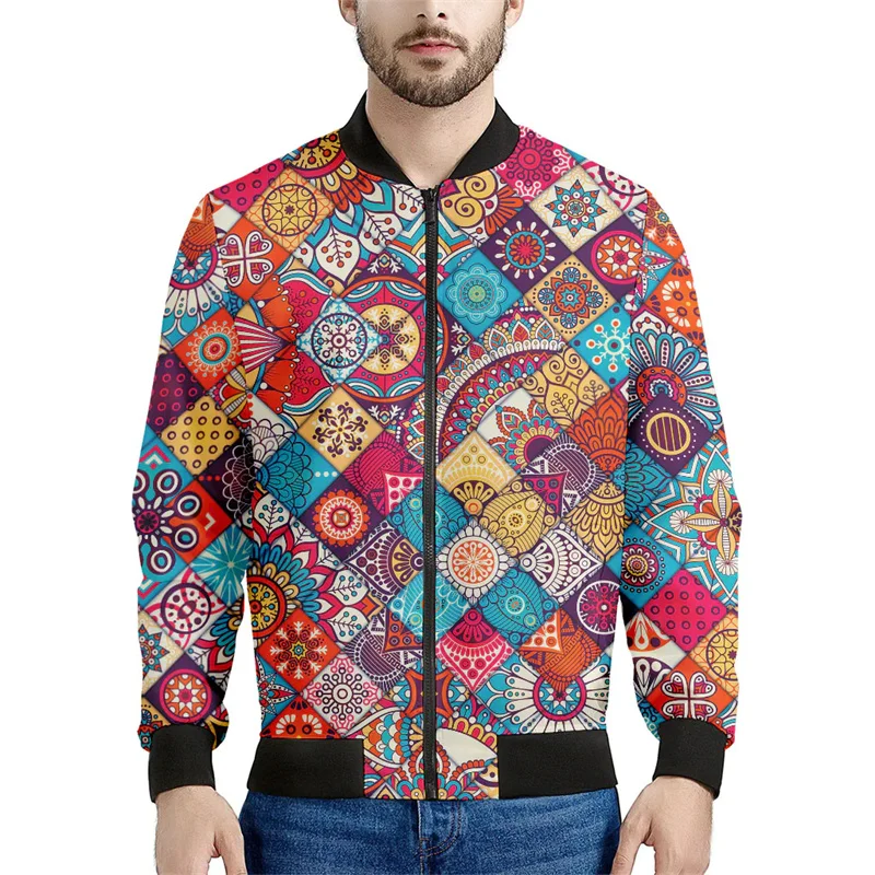 Bohemian Patchwork 3d Printed Jacket Men Ethnic Floral Pattern Sweatshirts Tops Long Sleeves Spring Autumn Bomber Zipper Coats