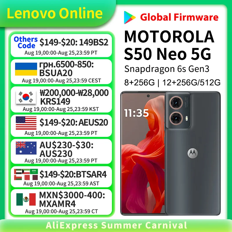 

Global rom MOTOROLA Lenovo Moto S50 Neo 5G Phone 120Hz Smartphone 5000mAh 6.7-inch 50 Megapixel Snapdragon 256GB/512GB Android