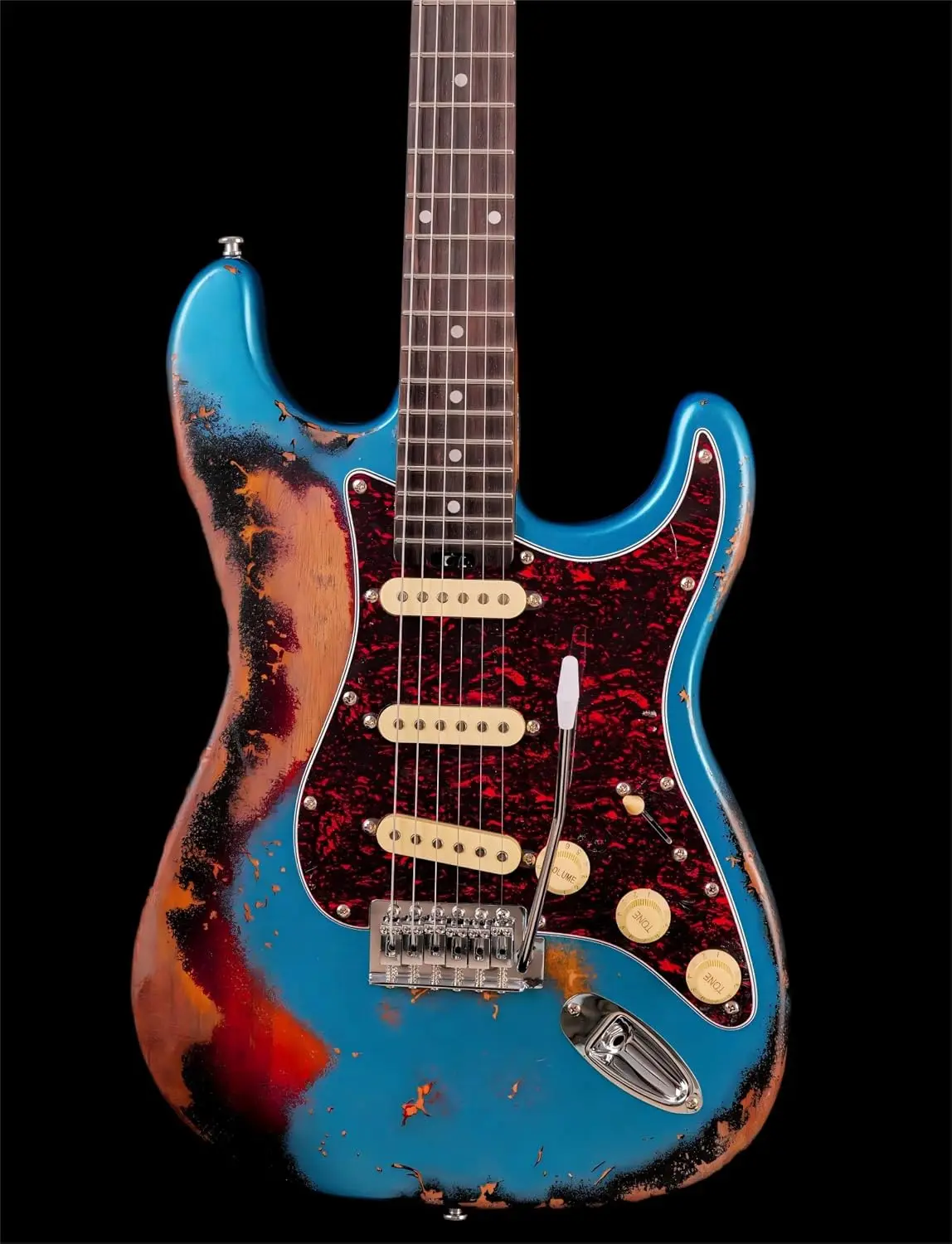 Full-Size 6-String Relic Electric Guitar for Adults with Roasted Maple Neck, Rosewood Fingerboard, Bone Nut, Lake Blue