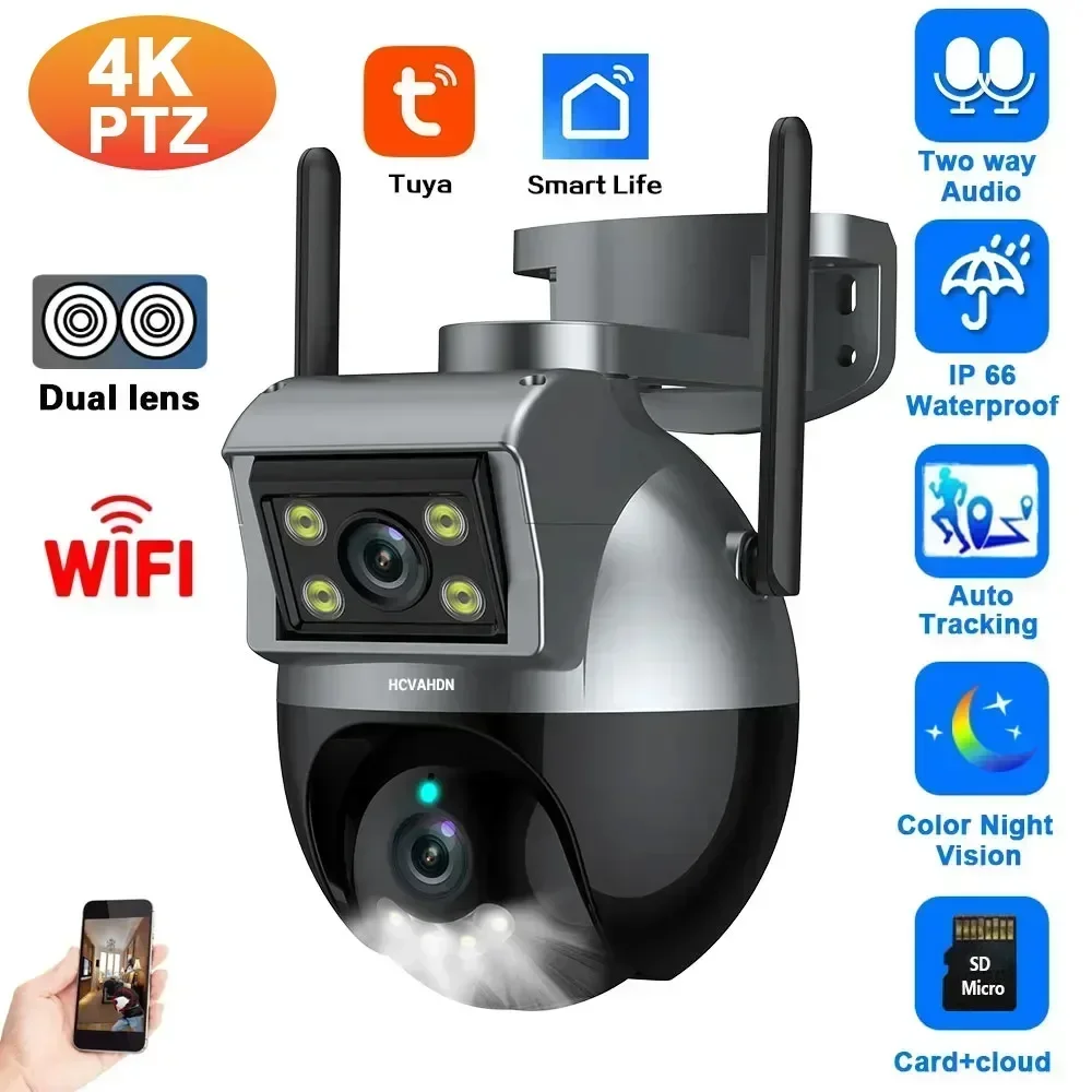 Tuya 4K Dual Lens Wifi PTZ Camera Outdoor 2 Way Audio Wireless CCTV Security Surveillance Camera Auto Tracking IP Cam Smart Life