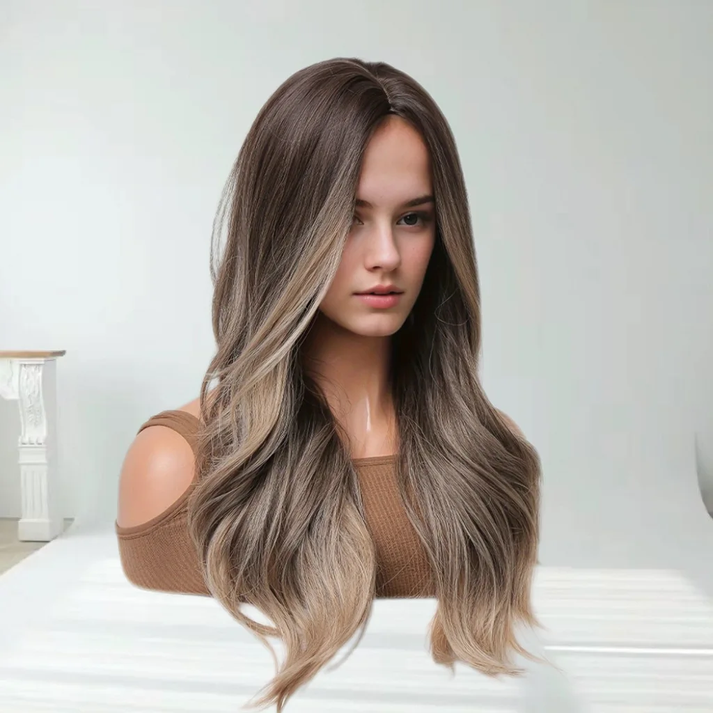 Moda cambio gradual color ondas medianas grandes pelo largo y rizado desgaste natural esponjoso estilo europeo y americano