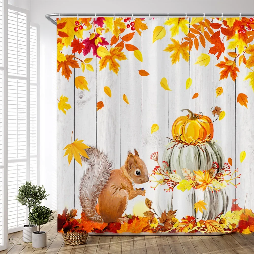 Fall Shower Curtain Set Autumn Forest Landscape Maple Leaves Fabric Decor Bath Curtain Thanksgiving Scenery Pumpkins Harvest