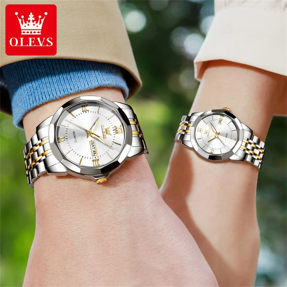 OELVS reloj de pareja reloj de pulsera de lujo acero inoxidable resistente al agua fecha semana correas de reloj de acero inoxidable masculino regalo de pareja 9989