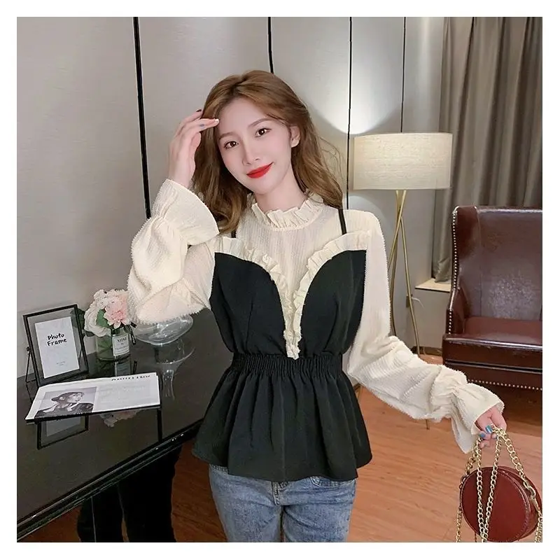 Chiffon Women\'s Top with Camisole and Fake Two-piece Fashionable Casual Flared Sleeve Lace Up Waist Long Sleeved Shirt for Women