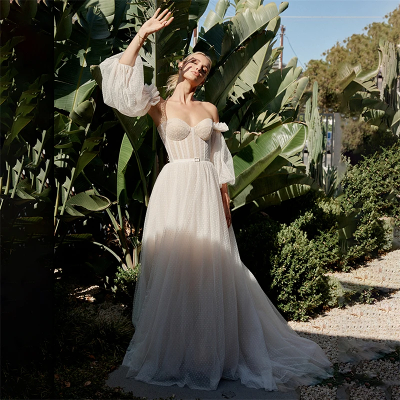 Vestido de novia de línea a sin tirantes con mangas abullonadas, vestido de novia con encaje de lunares, ilusión elegante, fotos reales, 12113 # 100%