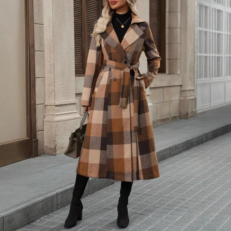 

Women's Cross-border New Autumn and Winter British Style Coat Belt Jacket Extended Plaid Trench Coat Women Loose and Comfortable