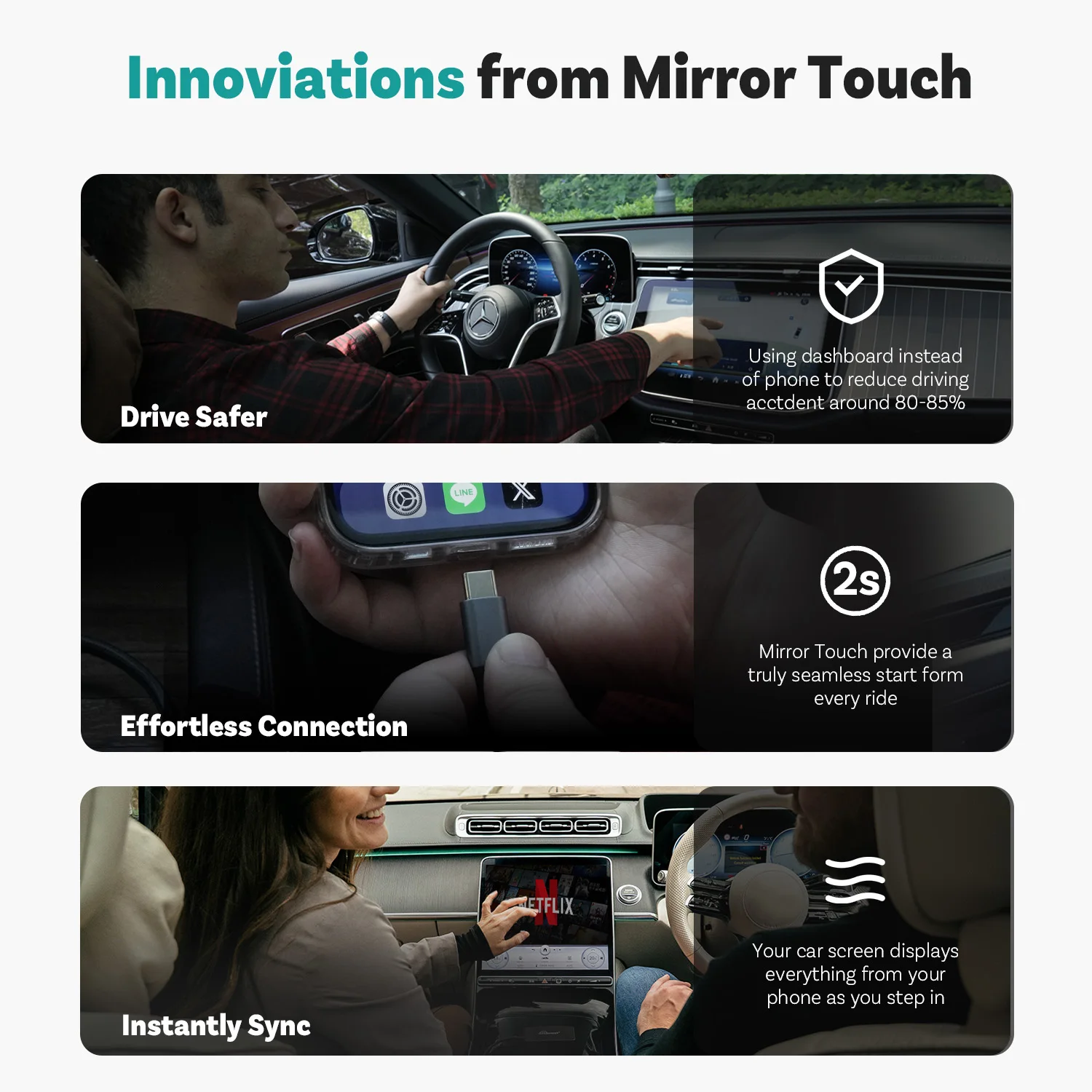 Ottocast Mirror Touch Wireless CarPlay Controllo bidirezionale Plug & Play Video Box per iOS e Android Mirroring VW Audi Benz