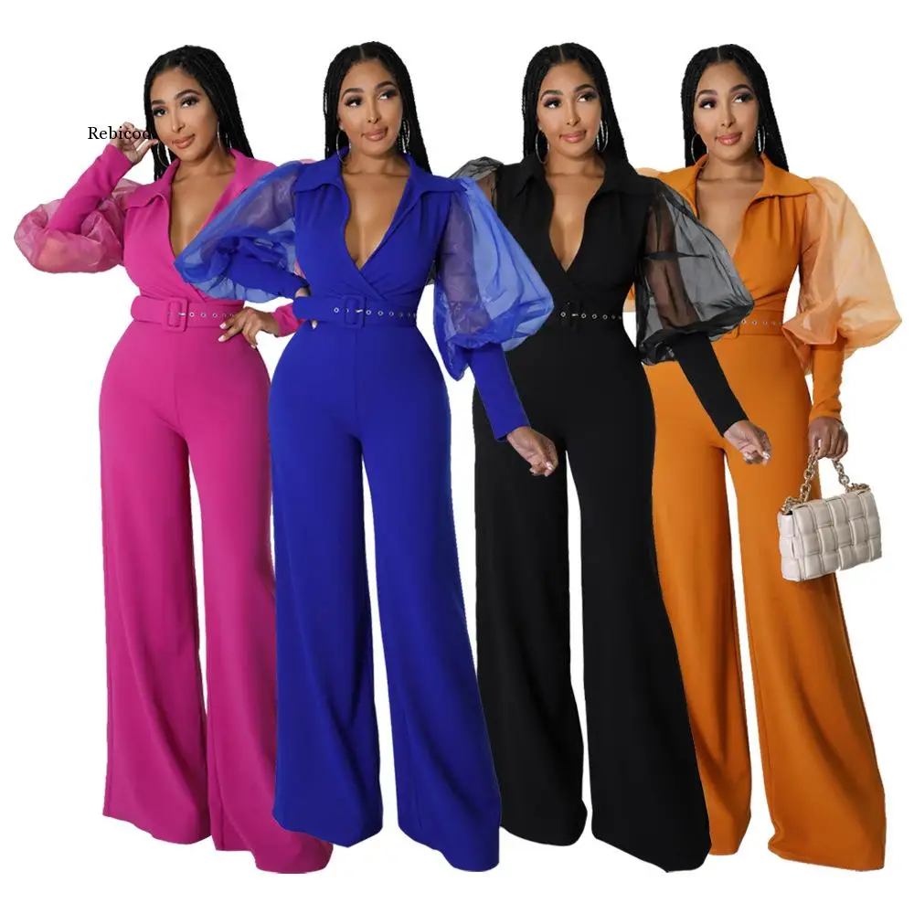 

Women Wide Leg Jumpsuit Autumn New Product Solid Mesh V-Collar Long Sleeve High Waist Pants Women's Fashion Sexy Slim Jumpsuit