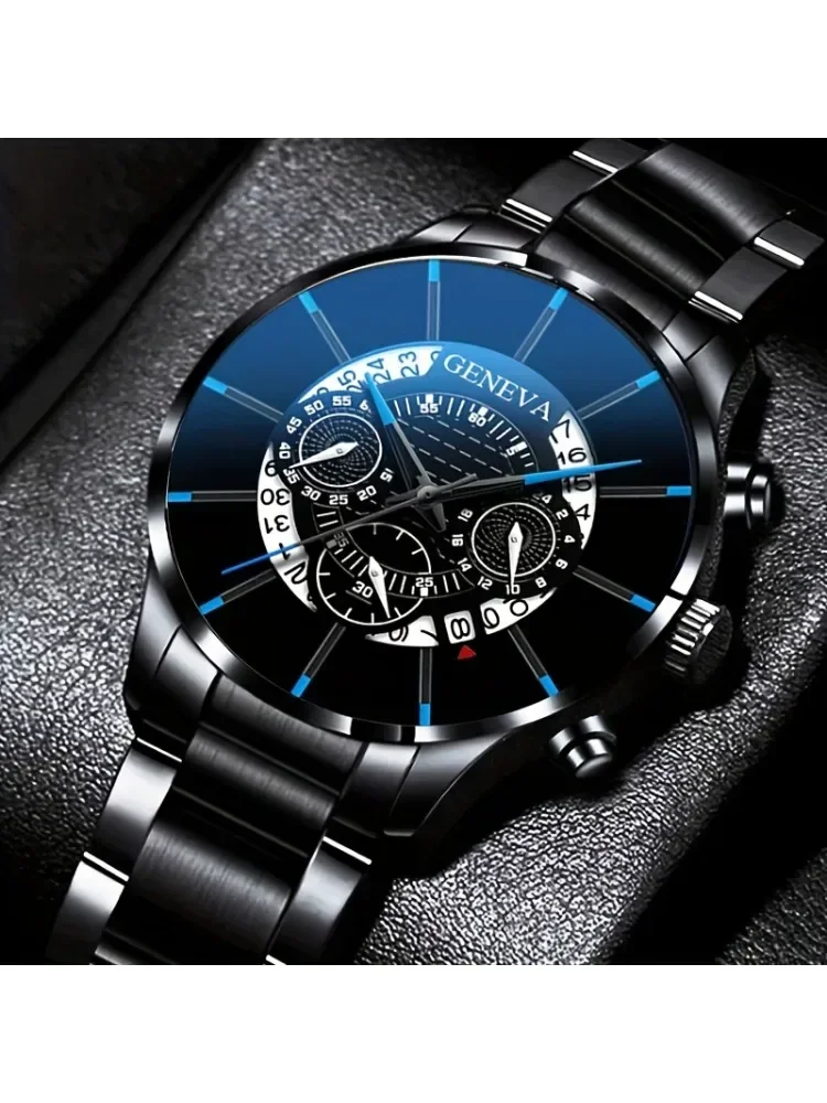 Montre à quartz à cadran rond pour homme, bracelet en acier inoxydable, fonction calendrier, boîtier d'affaires Allo, non étanche, cadeau idéal pour lui