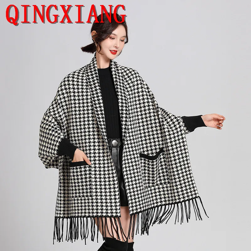 

Women Outstreet Houndstooth Loose Knitwear Capes Autumn Winter Knitted Sleeves Long Poncho Tassel Shawl Overcoat With Pocket