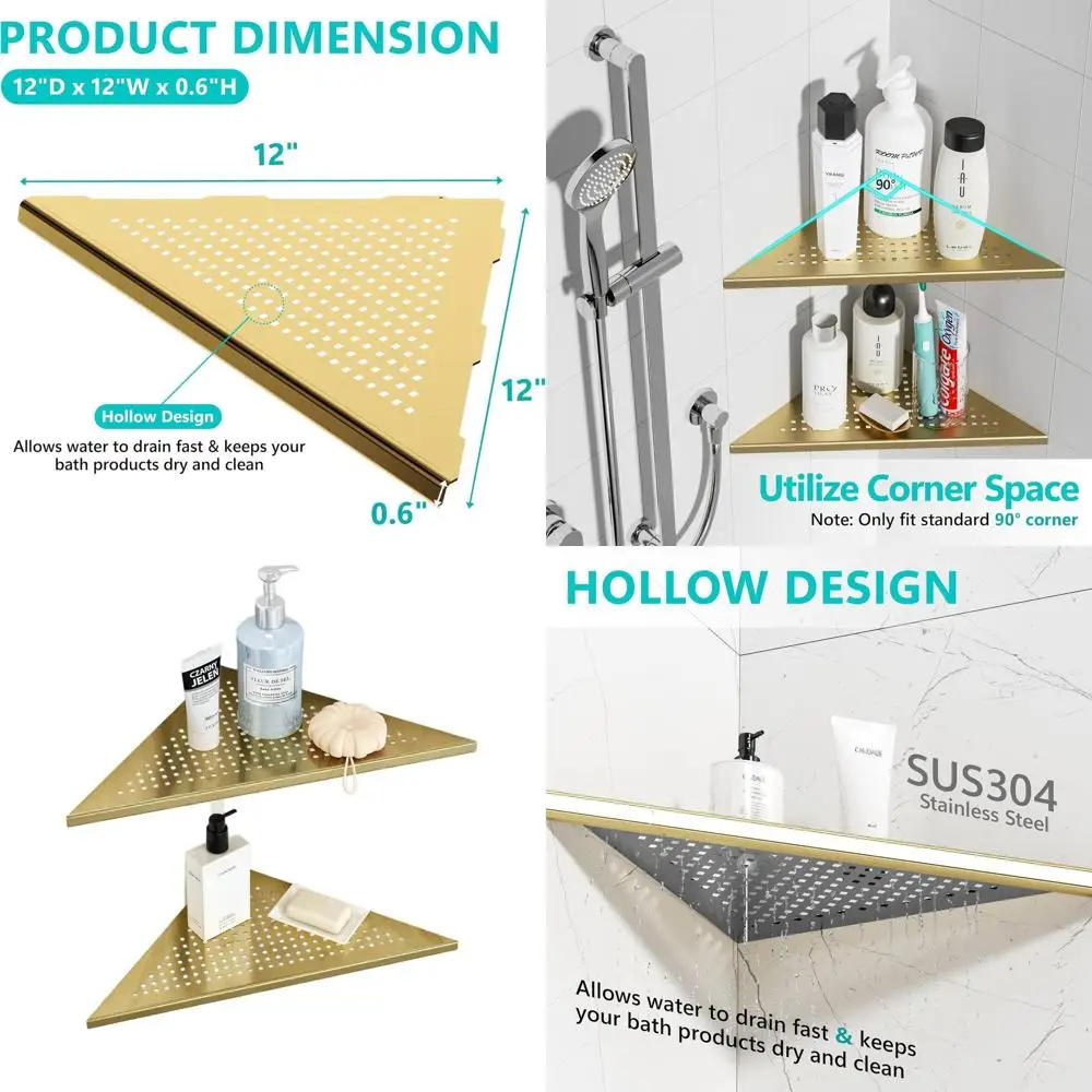 

12-секционная треугольная настенная полка для душа из нержавеющей стали, без необходимости сверления, с отделкой из матового никеля