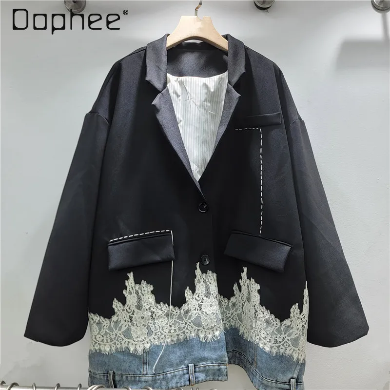 

Women's Suit 2026 Spring New Denim Patchwork Color-Block Lace Crochet Suit Mid-Length Coat Long Sleeve Top Jacket Women