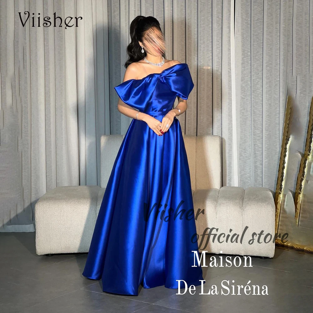 

Viisher Royal Blue Satin Evening Dresses Strapless A Line Formal Prom Dress Arabian Dubai Evening Party Gown Floor Length