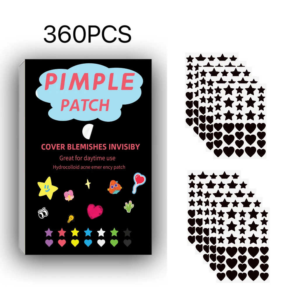 Black Star and Heart shaped Acne Patch cute,360PCS,With Design,Sticker Jerawat, Suitable For All Occasions, Must-Have For Makeup