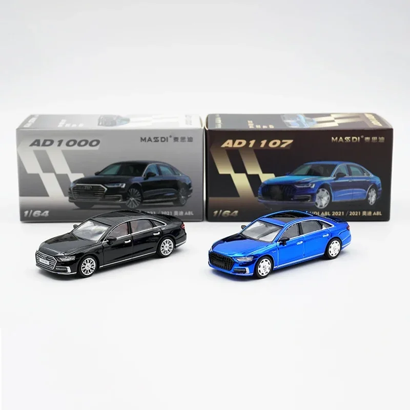 MASSDI In Stock 1:64 Audi A8L Black Chrome Blue Diecast Car Model Collection Toys