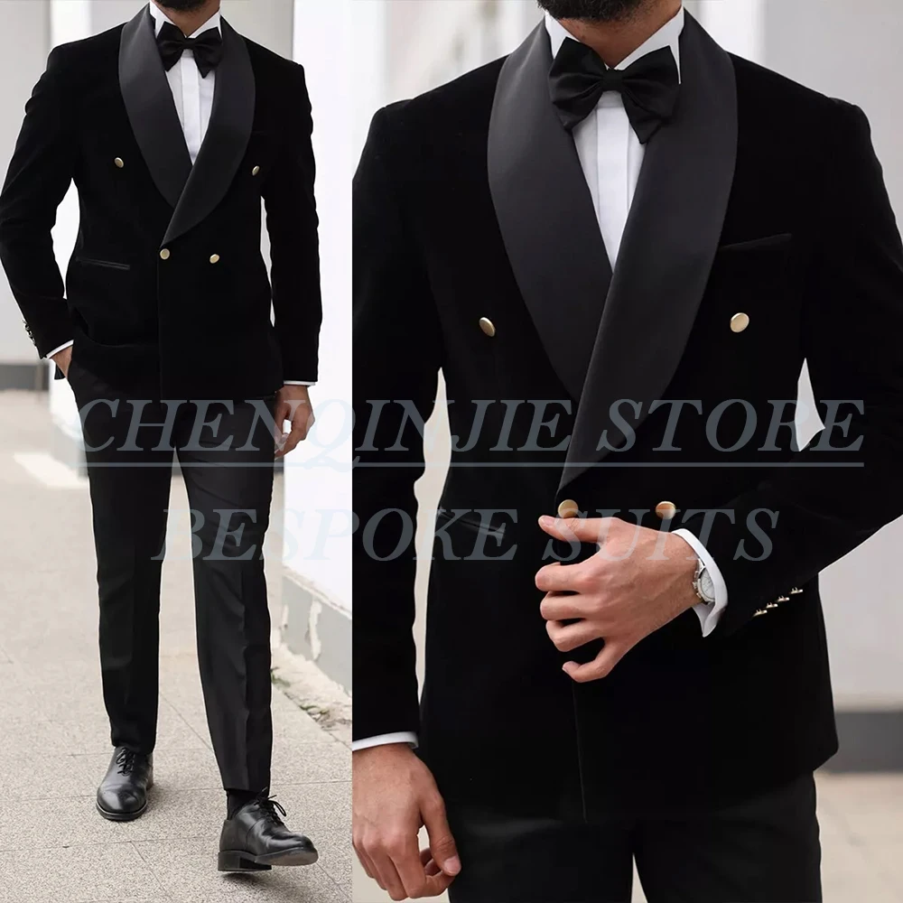 Формальные черные костюмы для мужчин, модные двубортные шаль с лацканами, приталенная мужская одежда, свадебные наряды высокого качества Terno 2025