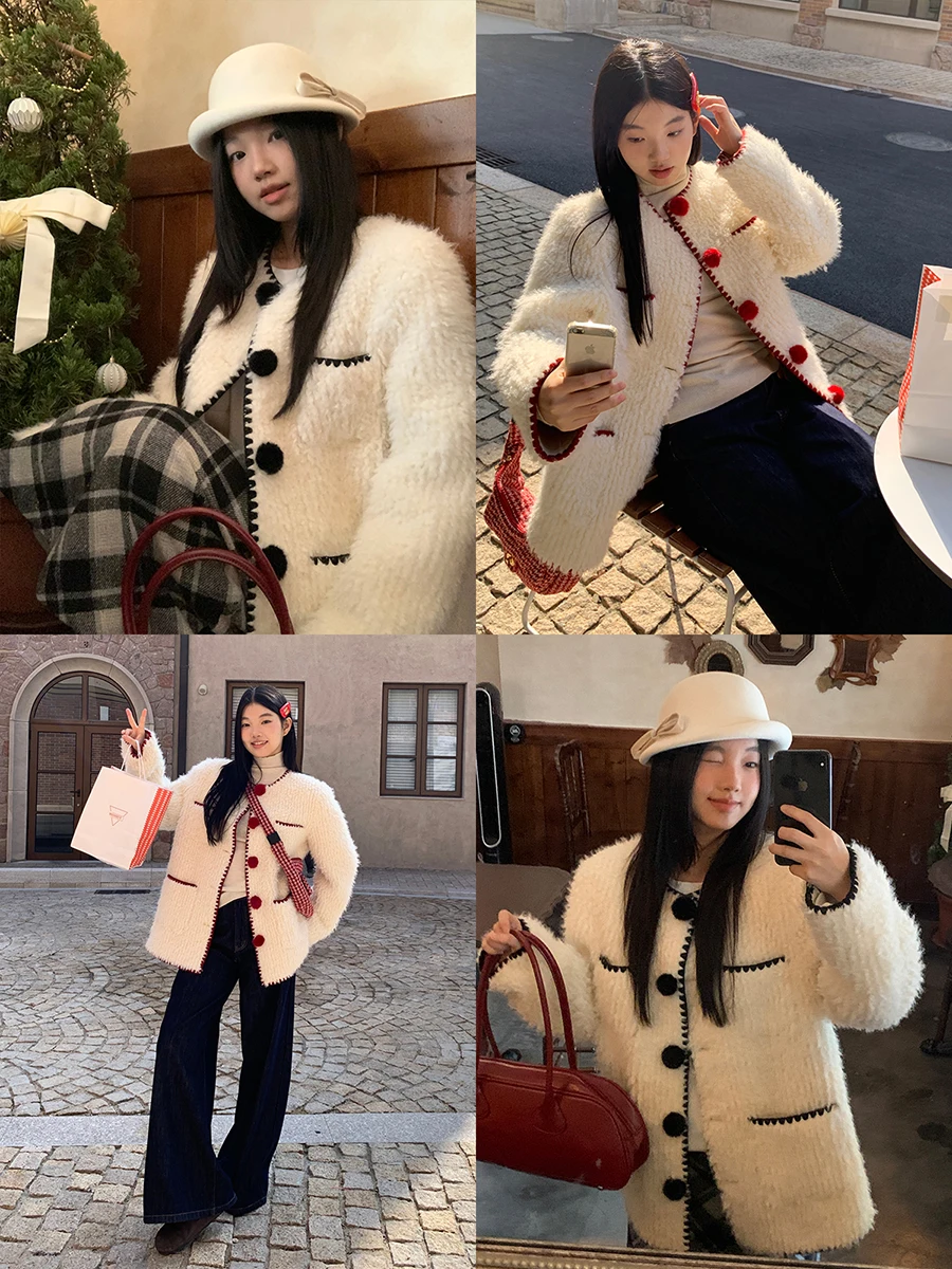 Red Celebri Pelliccia di agnello Jaet Cappotto da donna in cotone autunno inverno Small Fraance Sle Trendy Unico Super bello Cotton Cl...