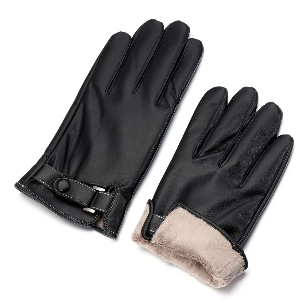 Men Winter Leather Fleece Thermal Leather Gloves  Warm Touch Screen Windproof Waterproof Driving Gloves Full Finger Black Gloves