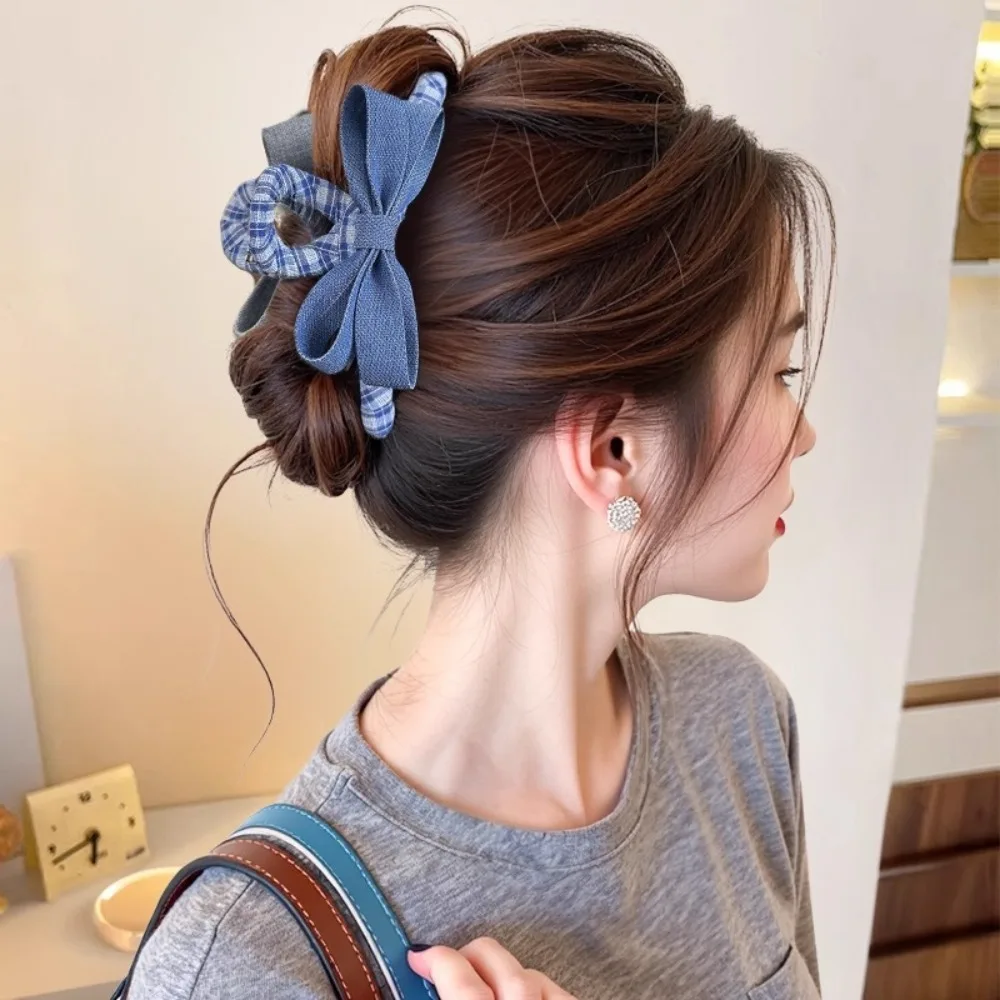 1 шт., джинсовый клетчатый бант, коготь для волос, повседневный ретро-стиль, идеальный повседневный винтажный выглядит уникальный аксессуар для волос, женский идеальный повседневный богемный стиль
