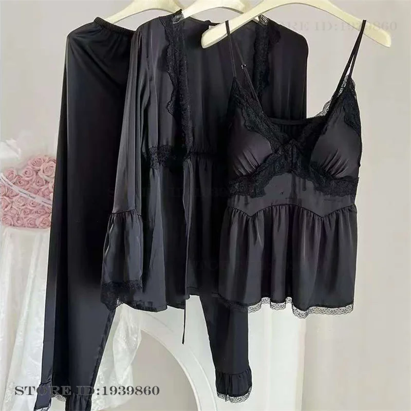 

Female 3Pcs Pajamas Set Sexy Patchwork Lace Sleepwear Home Clothes Spring Summer New Ice Silk Trouser Pijamas Suit Loungewear