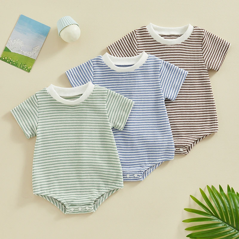 

2024-01-03 lioraitiin 0-18M Infant Baby Boys Girls Summer Romper Round Neck Short Sleeve Striped Waffle Jumpsuit Toddler Clothes
