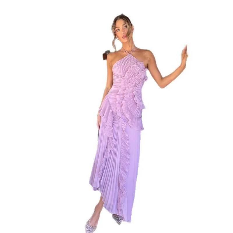 Vestido Longo Multicamadas com Alça no Pescoço, Cintura Alta, Sem Mangas, Estilo Bustle, Ideal para Primavera e Passeios Urbanos