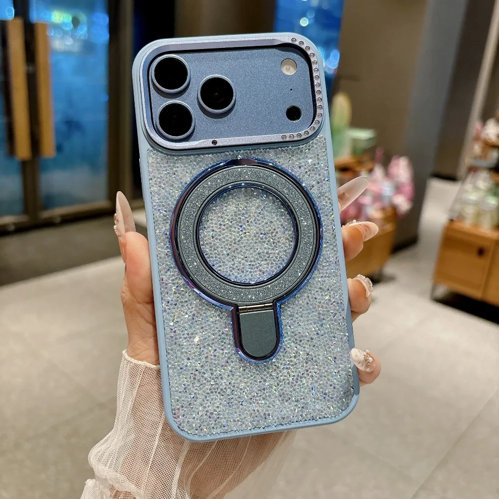 Purpurina y Diamantes de Imitación 360 ° Soporte de Anillo Magnético para Funda Protectora MagSafe para iPhone 18 17 Air 16 15 14 Pro Max 13