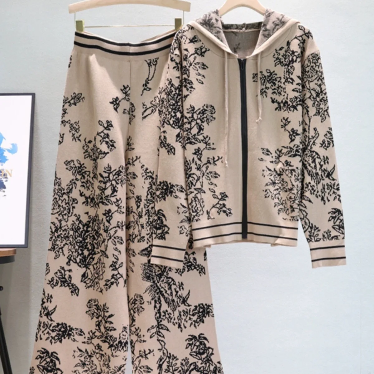 Korean Jacquard Design 2 Piece Sets Women Knitted Zipper Hooded Sweatshirt Tops Trendy High Waist Knitwear Sweatpants Outfit