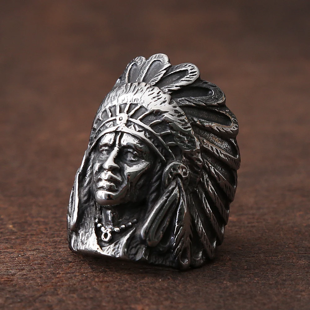 Vintage Indian Chief Rings For Men 316L Stainless Steel Biker Men\'s Ring Huge Punk Hip Hop Ring Fashion Jewelry Gift