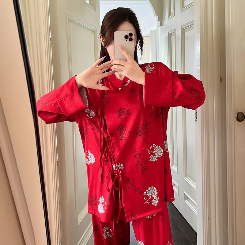 

Spring Home Wear Pajamas Set Women Long Sleeve Shirt Elastic Waist Trouser Suit Casual Print Sleepwear Loungewear