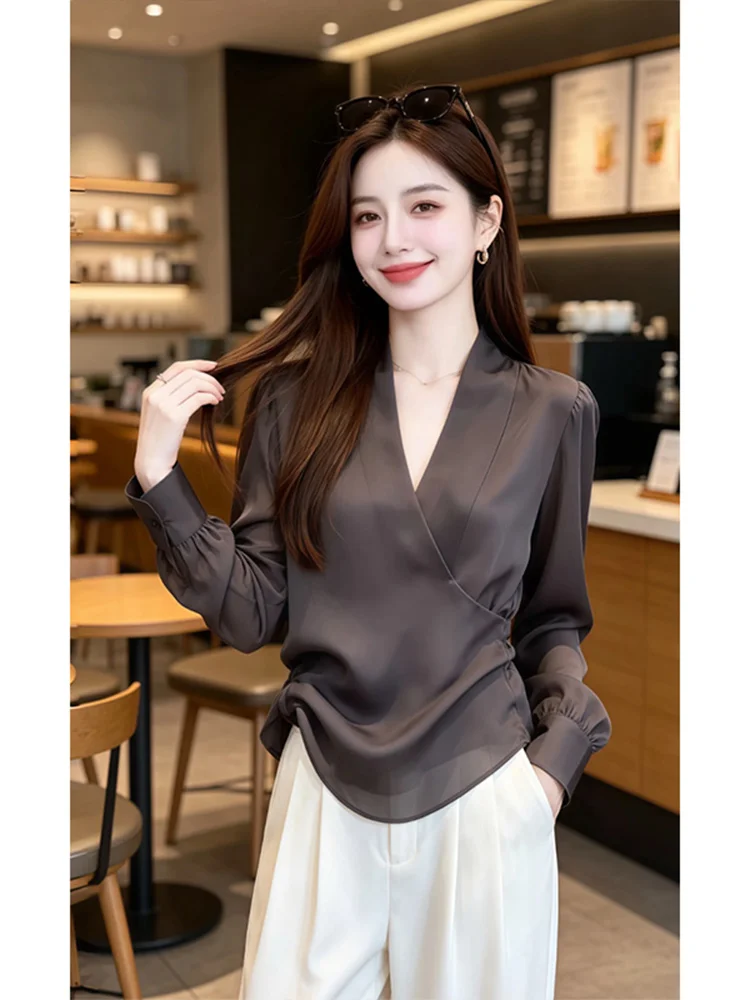 

Fashionable V-Neck Long Sleeve Black Shirt Women's Commute Style Design Top Comfortable Breathable Casual Fashion Spring Autumn
