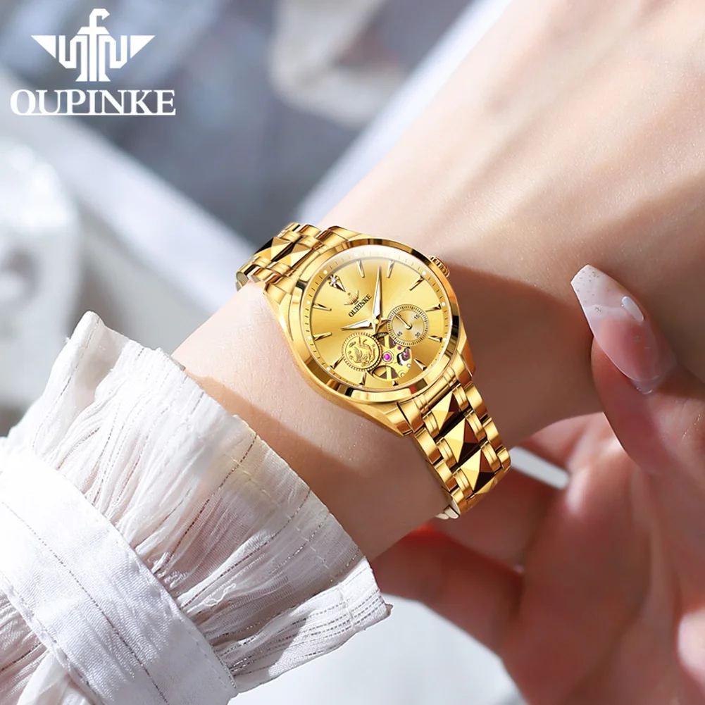 OUPINKE Luxury Brand Women Watches Tungsten Steel Strip Real Gold Real Diamond Fully Automatic Mechanical Female Watch Original