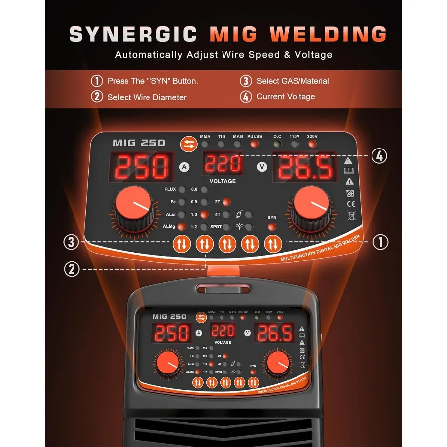 250A MIG Welder 110V 220V 8in1 Synergic Control Gas MIG Gasless Flux Core MIG Single Pulse MIG Lift TIG Stick 2T 4T Spot for Au